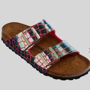 Birkenstock Arizona Gator Gleam Barbie Pink Two-Strap Comfort sandal. Size 7
